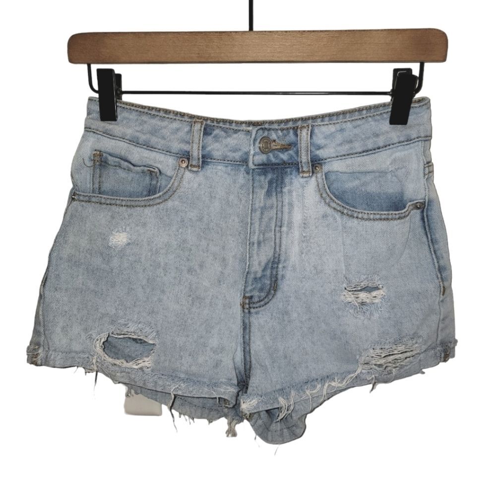 Brandy Melville high rise button fly distressed ripped jean shorts size 26